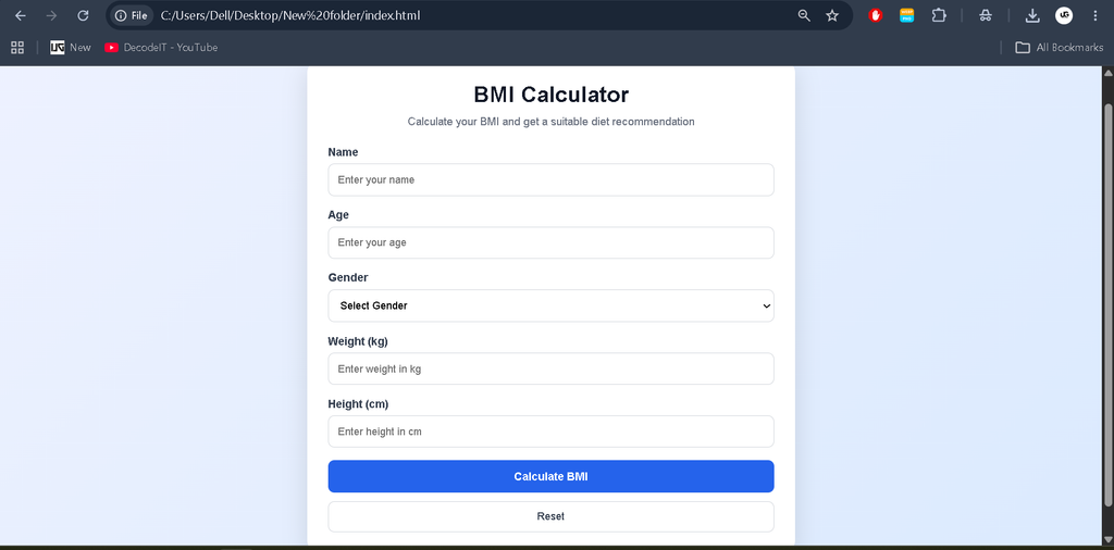 BMI Calculator Using HTML CSS and JavaScript