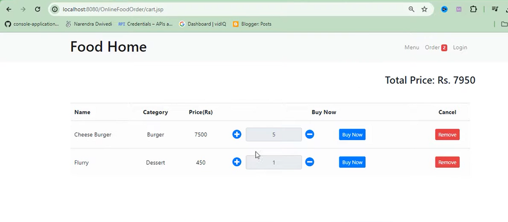 Food Ordering System Using Java JSP, Servlet, J2EE and MySQL