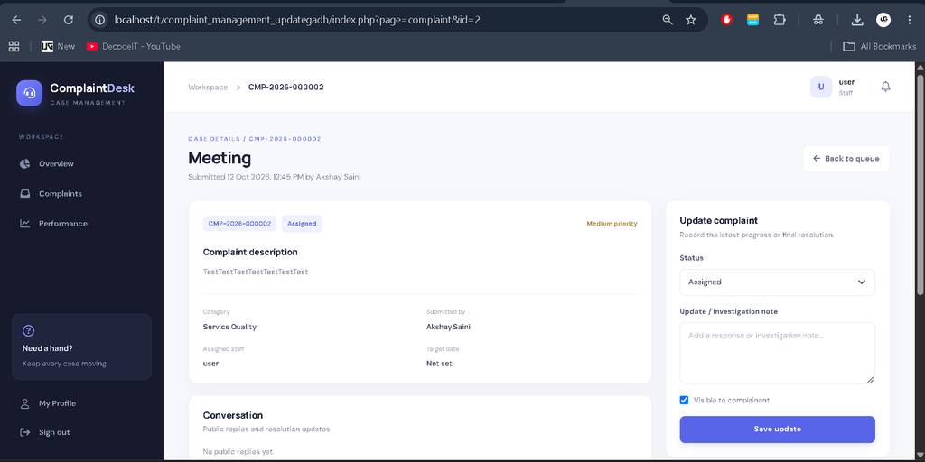 Complaint Management System in PHP and MySQL-Staff Panal 1