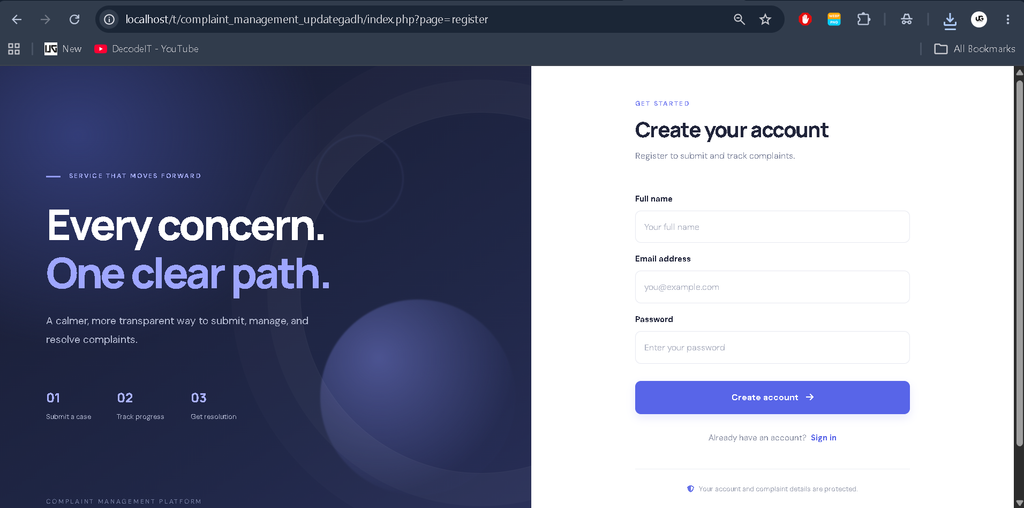 Complaint Management System in PHP and MySQL-creat account