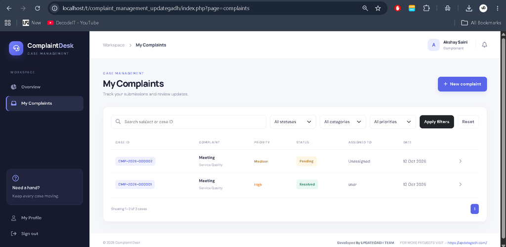 Complaint Management System in PHP and MySQL-User Panal-2
