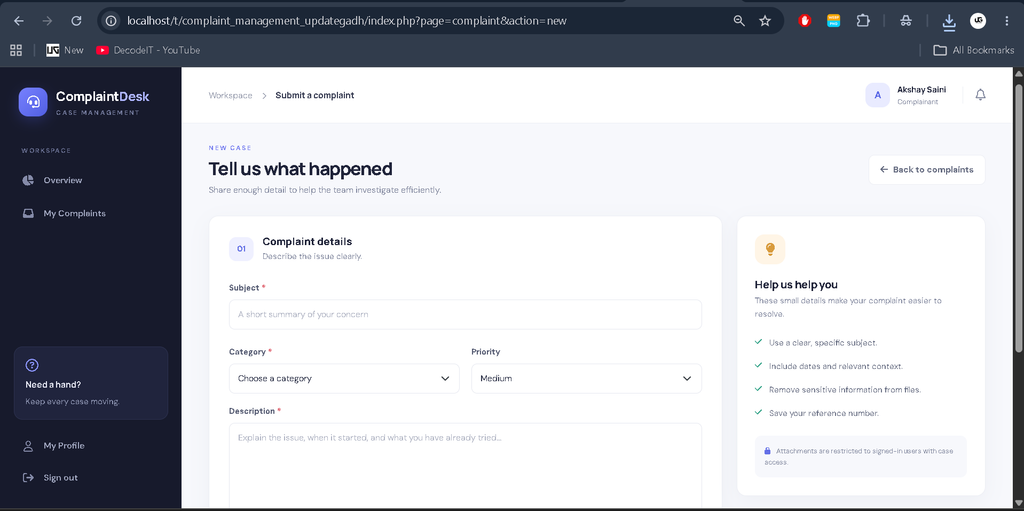 Complaint Management System in PHP and MySQL-User Panal 1