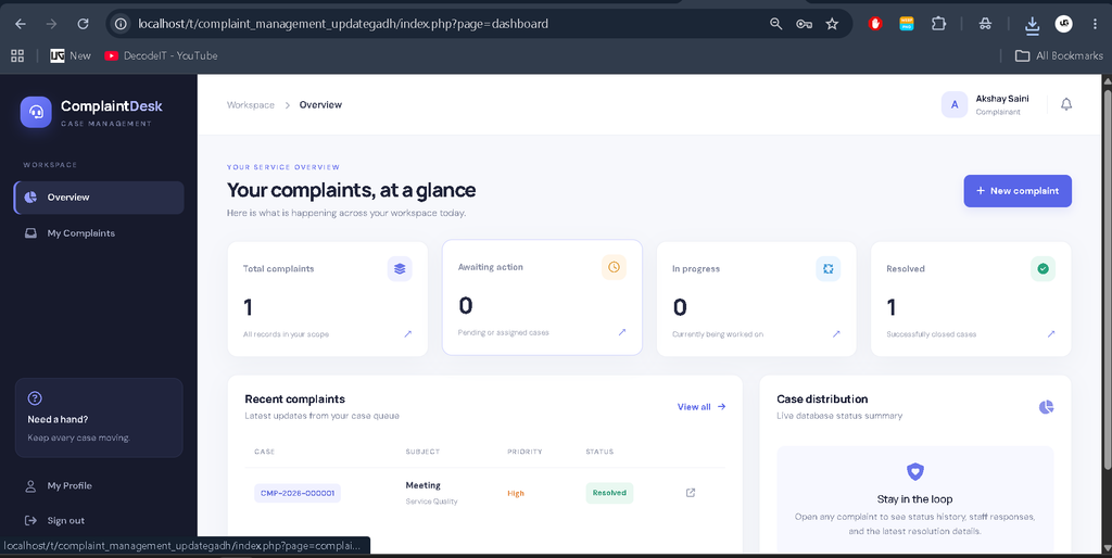 Complaint Management System in PHP and MySQL-User Panal