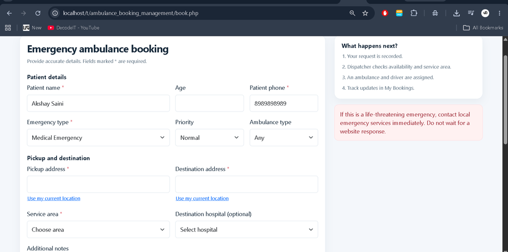Ambulance Booking Management System Using PHP and MySQL