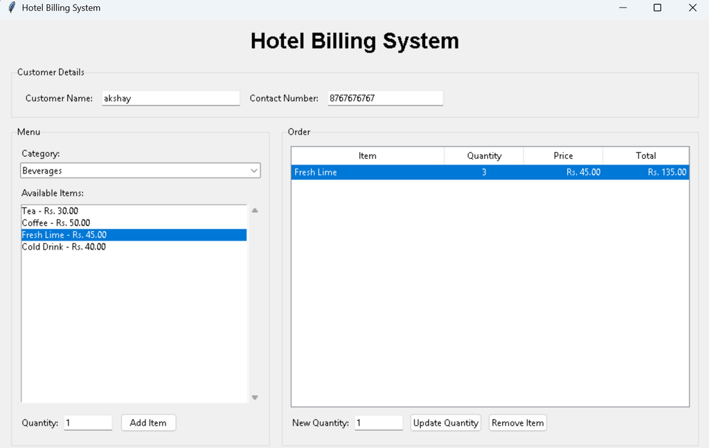 Hotel Billing System in Python With Source Code