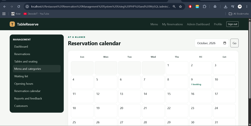 Restaurant Reservation Management System Using PHP and MySQL