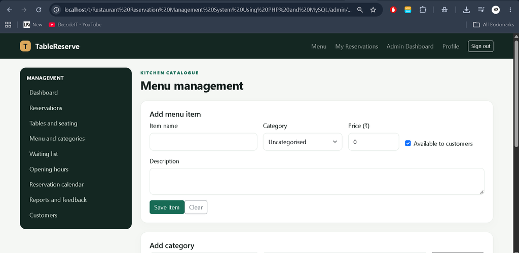 Restaurant Reservation Management System Using PHP and MySQL