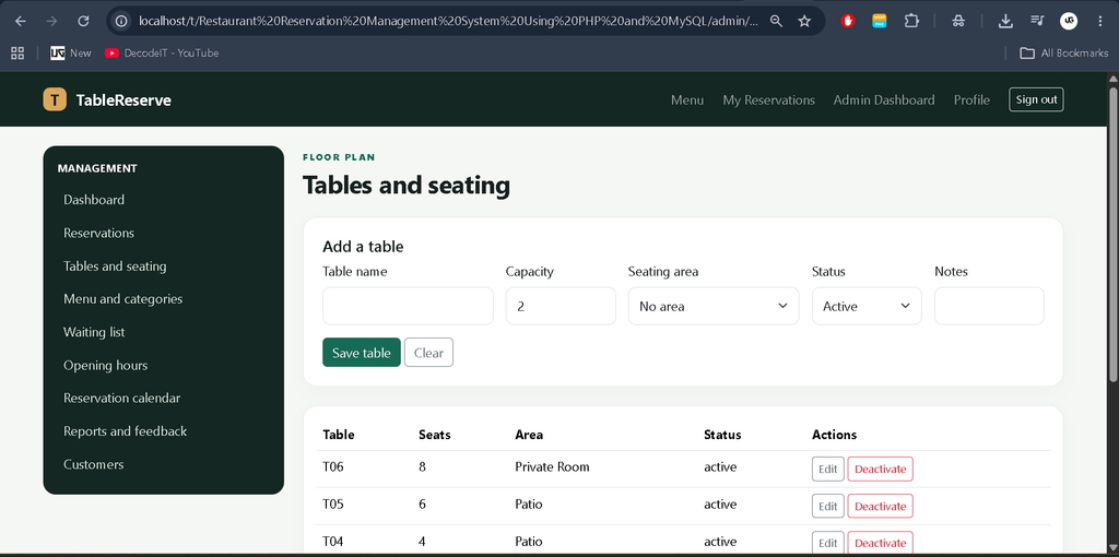 Restaurant Reservation Management System Using PHP and MySQL