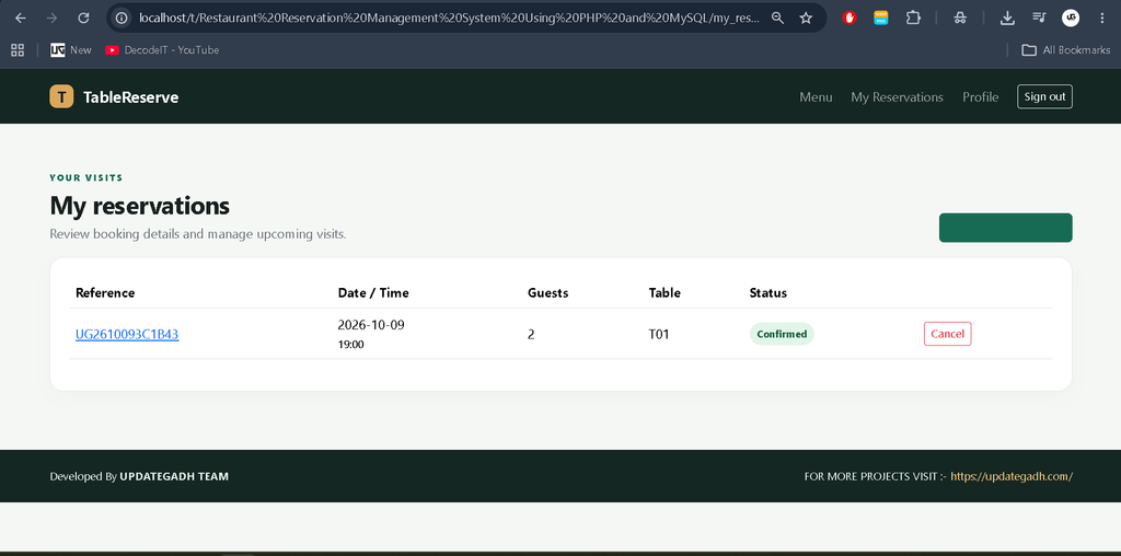 Restaurant Reservation Management System Using PHP and MySQL