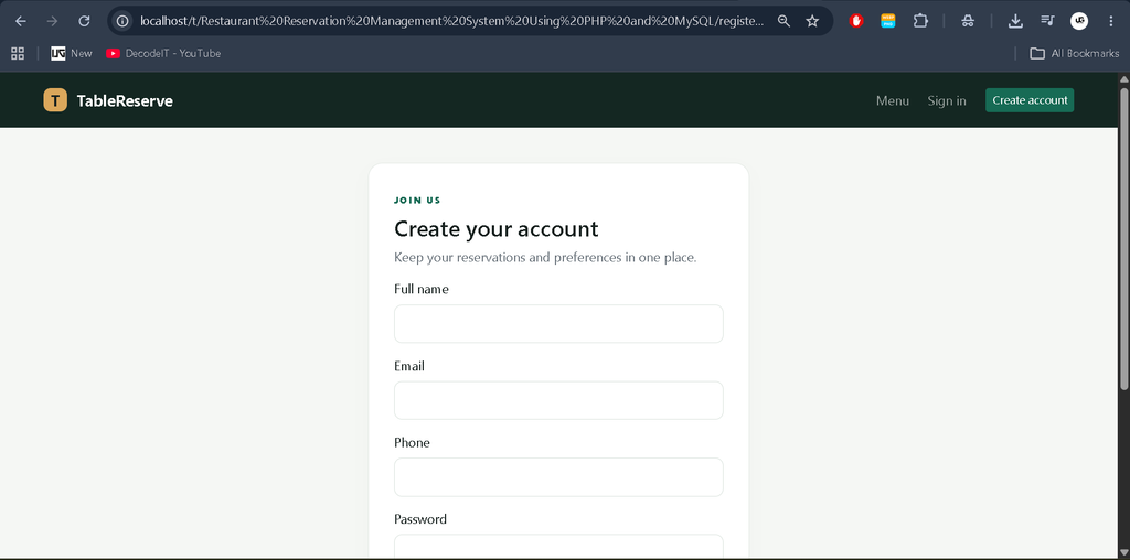 Restaurant Reservation Management System Using PHP and MySQL