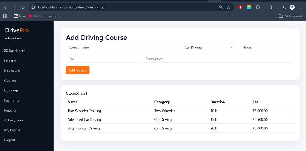 Online Driving School Management System in PHP and MySQL
