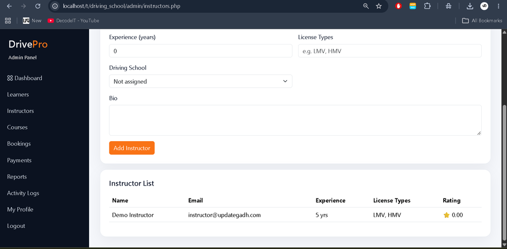 Online Driving School Management System in PHP and MySQL