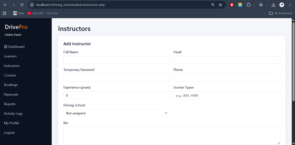 Online Driving School Management System in PHP and MySQL