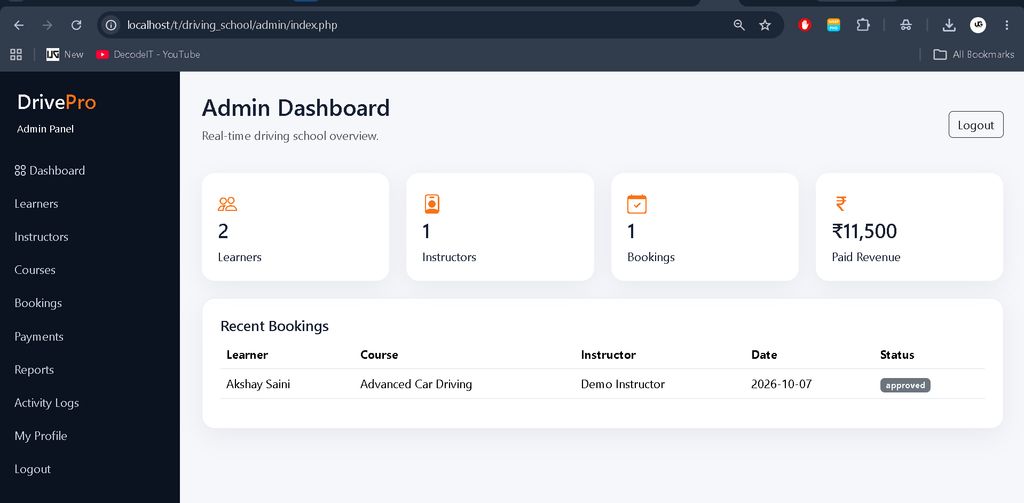 Online Driving School Management System in PHP and MySQL