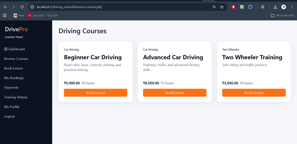 Online Driving School Management System in PHP and MySQL