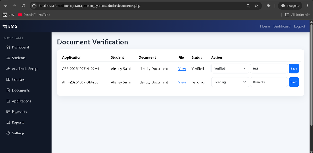Online Enrollment Management System in PHP and MySQL