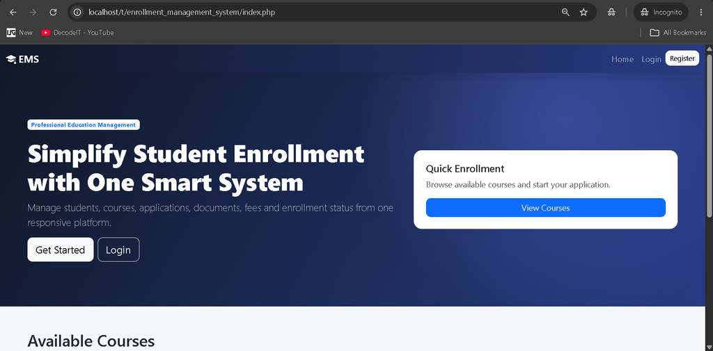 Online Enrollment Management System in PHP and MySQL