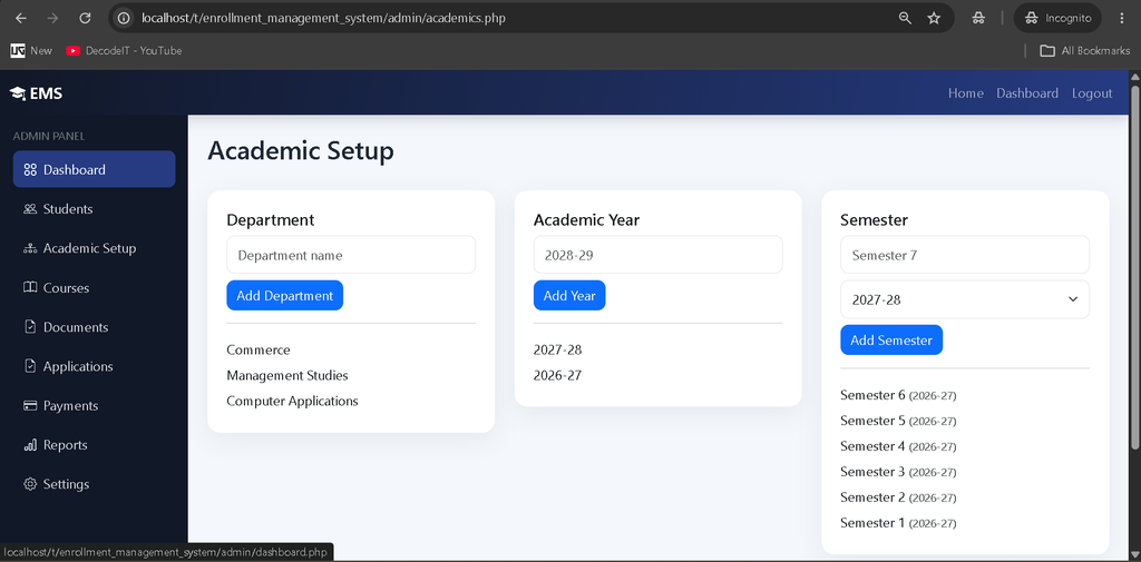 Online Enrollment Management System in PHP and MySQL