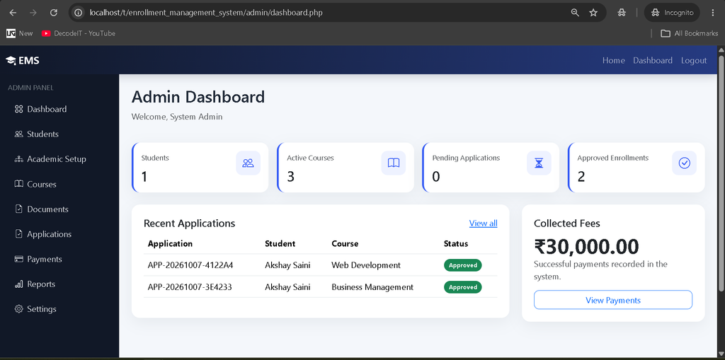Online Enrollment Management System in PHP and MySQL