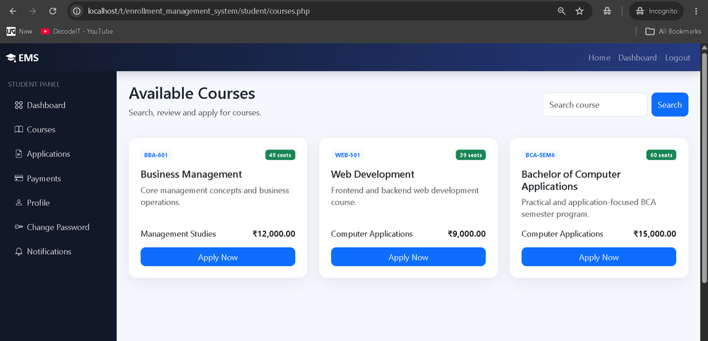 Online Enrollment Management System in PHP and MySQL