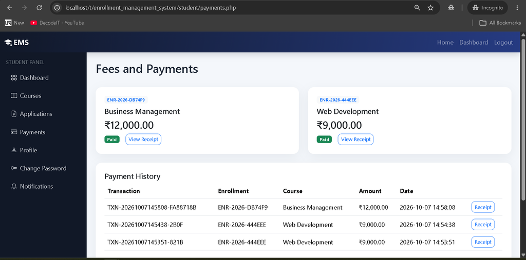 Online Enrollment Management System in PHP and MySQL
