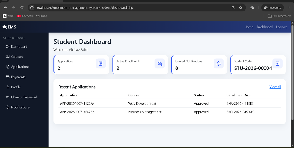 Online Enrollment Management System in PHP and MySQL