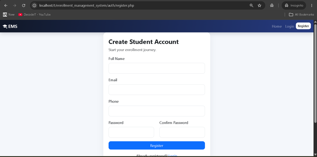 Online Enrollment Management System in PHP and MySQL