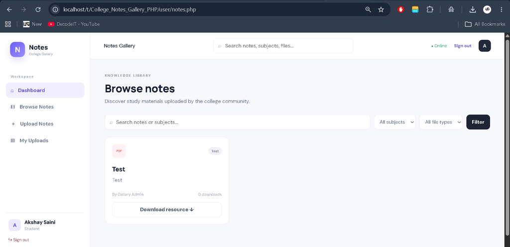 College Notes Gallery in PHP Free Project with Source Code