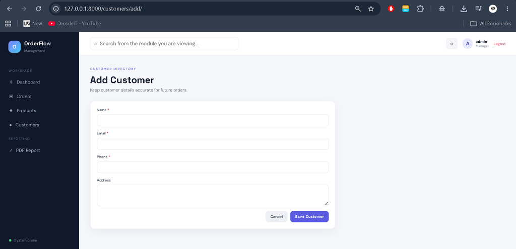 Order Management System using Django Framework