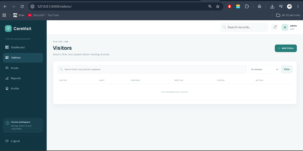 Visitor Management System Using Django for Healthcare Organizations
