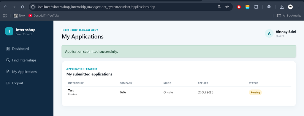 Internship Management System Using PHP and MySQL