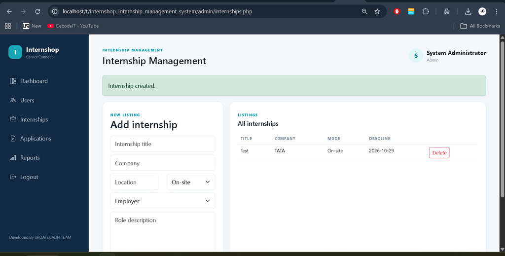 Internship Management System Using PHP and MySQL