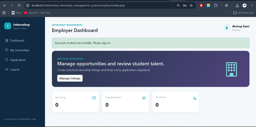Internship Management System Using PHP and MySQL