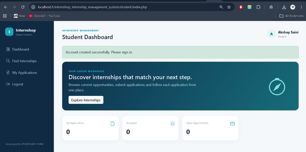 Internship Management System Using PHP and MySQL