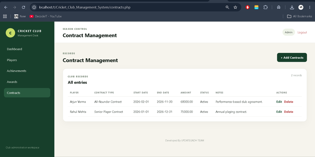 Cricket Club Management System in PHP and MySQL