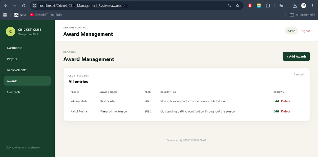 Cricket Club Management System in PHP and MySQL
