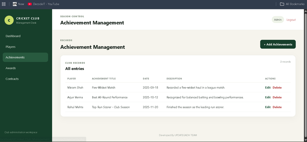 Cricket Club Management System in PHP and MySQL