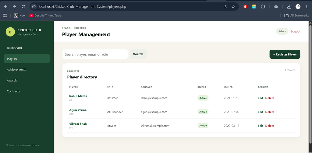 Cricket Club Management System in PHP and MySQL
