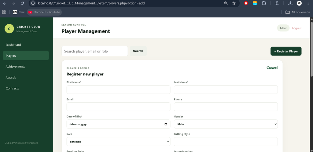 Cricket Club Management System in PHP and MySQL