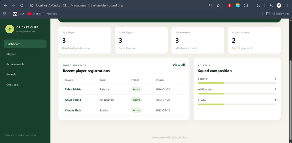 Cricket Club Management System in PHP and MySQL
