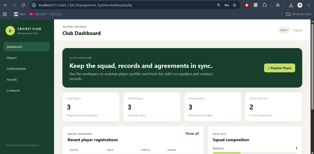 Cricket Club Management System in PHP and MySQL
