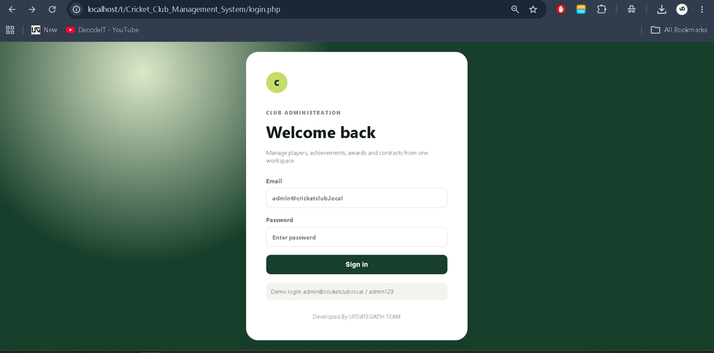 Cricket Club Management System in PHP and MySQL