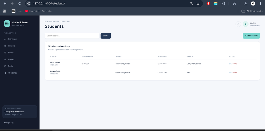 Hostel Management System Using Python Django