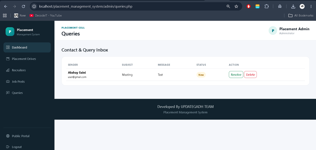 Placement Management System in PHP and MySQL