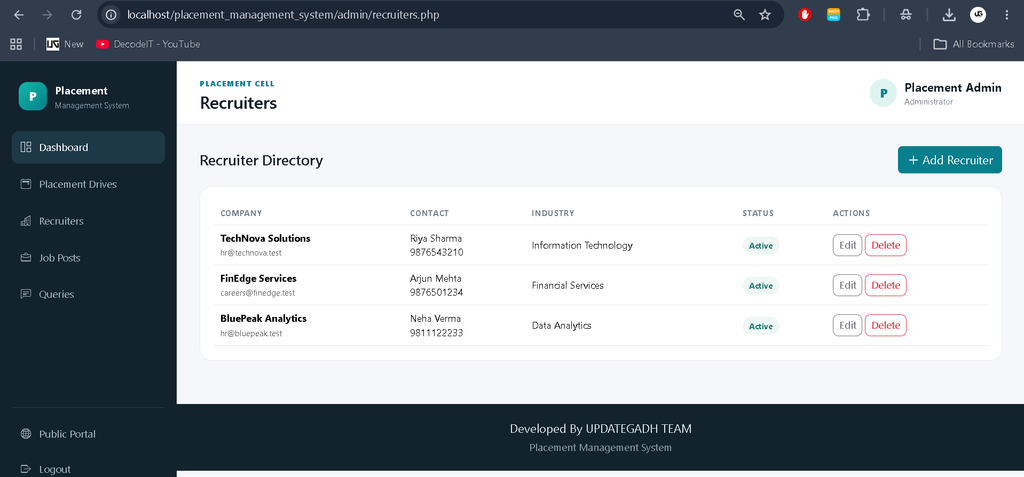 Placement Management System in PHP and MySQL