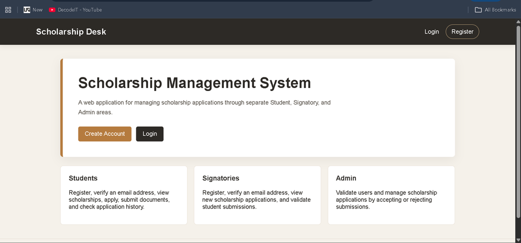 Scholarship Management System using PHP and MySQL