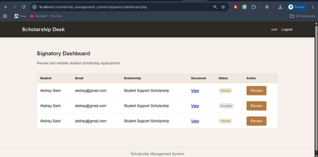 Scholarship Management System using PHP and MySQL