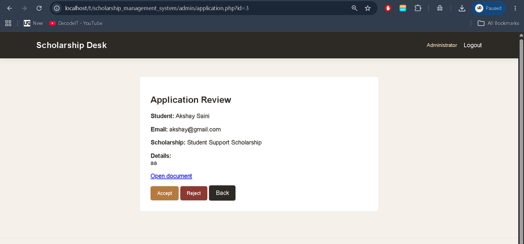Scholarship Management System using PHP and MySQL
