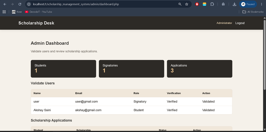 Scholarship Management System using PHP and MySQL