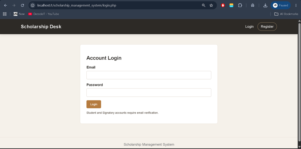Scholarship Management System using PHP and MySQL